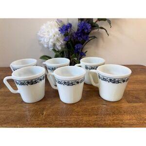 Vintage Corelle Old Town Blue Mugs Set  6 Fire King Style Milk Glass Floral Cups